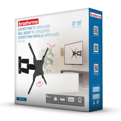 Embalagem Suporte ARTICULADO para TV LED, LCD, Plasma, 3D e Smart TV de 23” a 55” – Brasforma SBRP 145 - Acompanha Nível Bolha