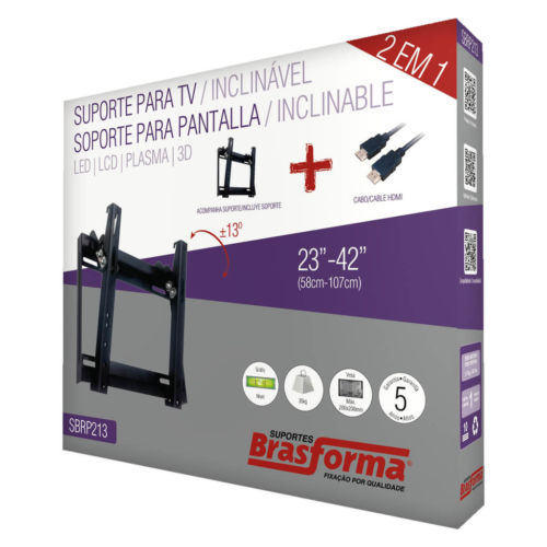 Embalagem Suporte ULTRA SLIM INCLINÁVEL para TV LED, LCD, Plasma, 3D e Smart TV de 23” a 42” – Brasforma SBRP213 + Cabo HDMI